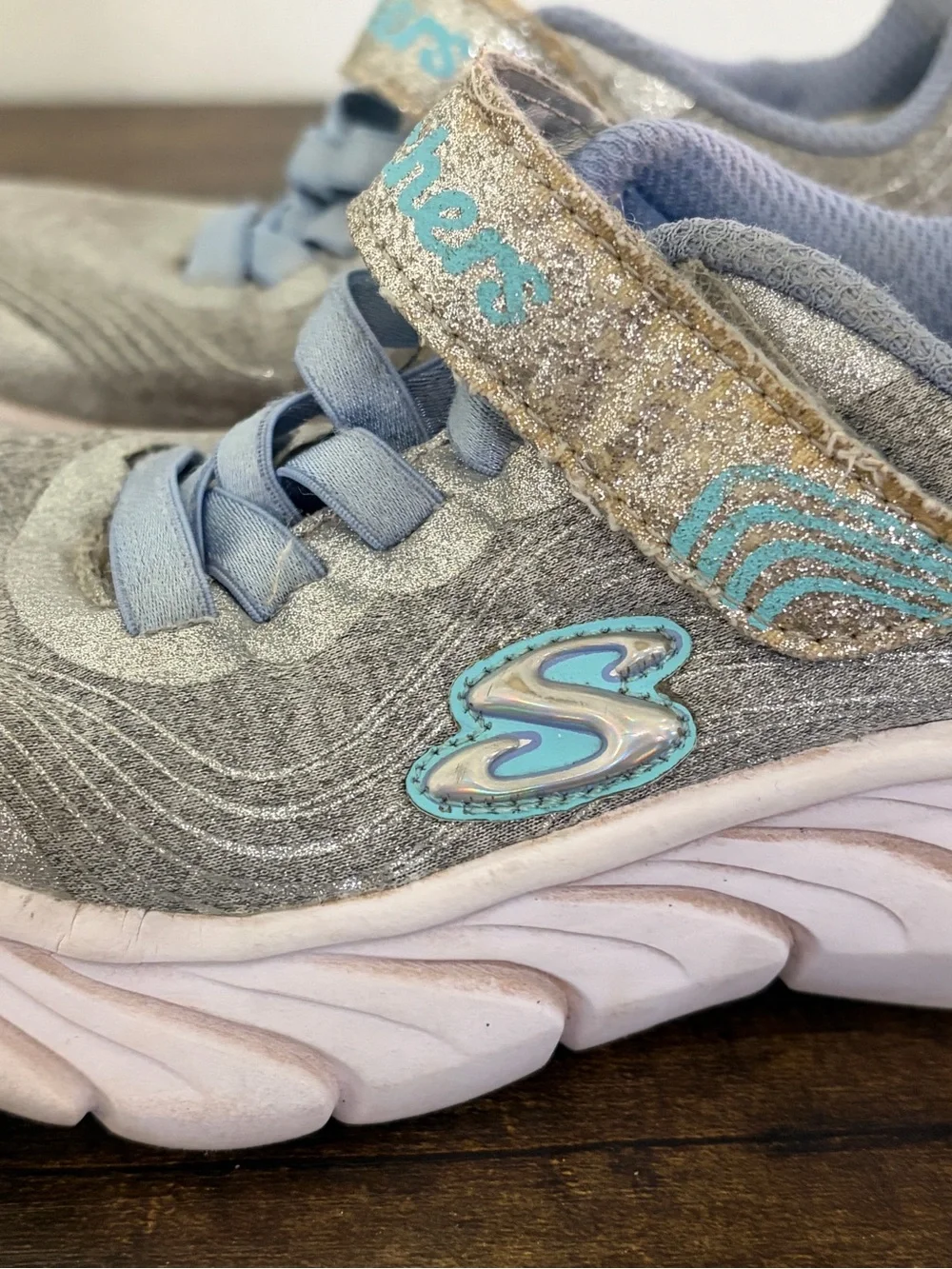 Skechers Kids Silver Glitter Sneakers with Light Blue Details